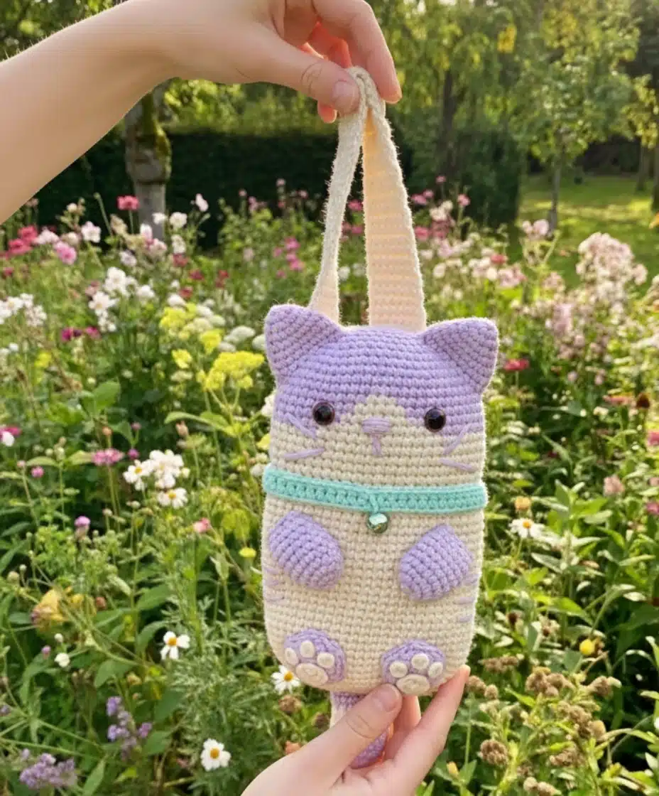 adorable-crochet-cat-phone-bag-free-pattern-with-adjustable-strap-1 A hand holding up the purple and beige crochet cat phone bag by its strap against a floral garden background