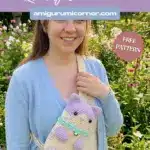 Free Phone Bag Cat DIY Crochet Pattern" and "FREE PATTERN" featuring the purple and beige crochet cat bag