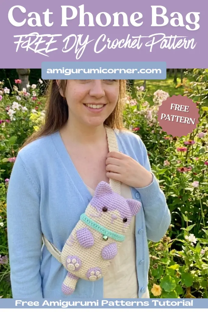 Free Phone Bag Cat DIY Crochet Pattern" and "FREE PATTERN" featuring the purple and beige crochet cat bag