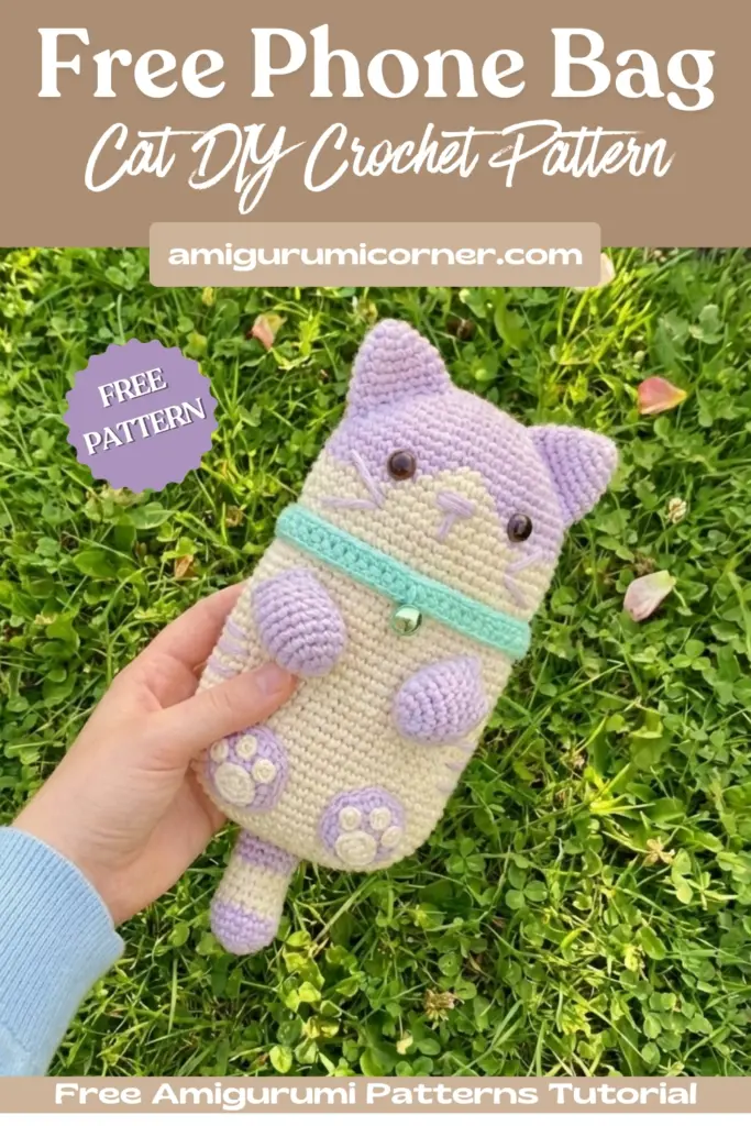 Cat Phone Bag FREE DIY Crochet Pattern" and "FREE PATTERN" showing a woman wearing the bag