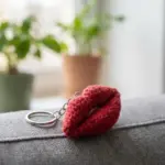 Close-up of dimensional red crochet lips keychain accessory on gray fabric with houseplant