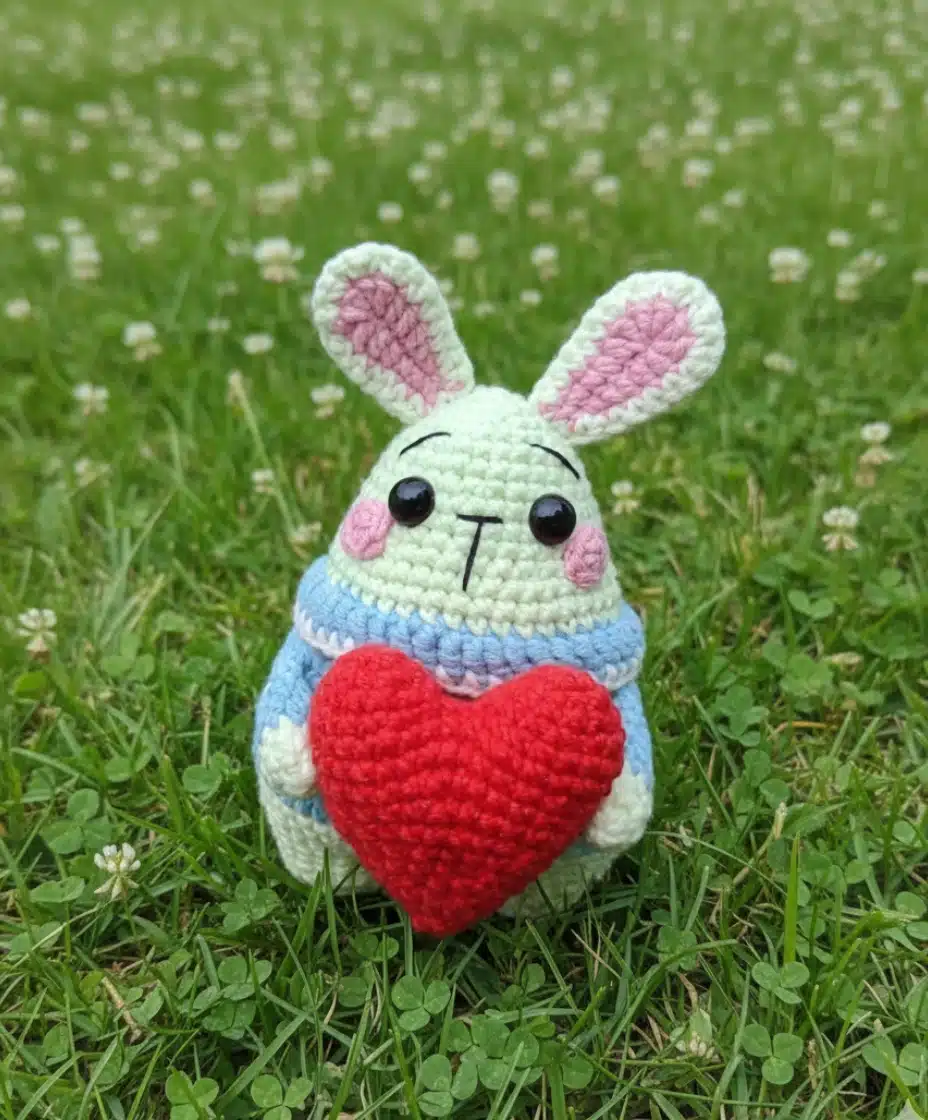 Close-up of Valentine bunny amigurumi crochet pattern held in hand showing detailed stitching and pink striped sweater collar