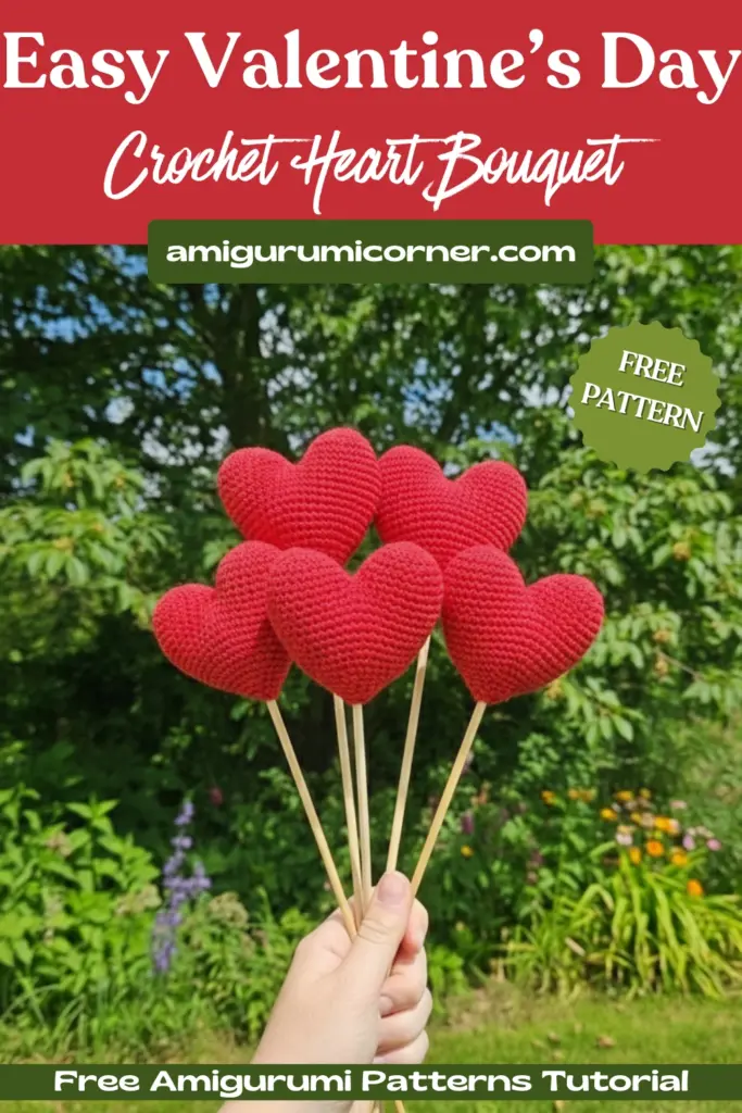 Beginner-friendly amigurumi crochet hearts arranged in a festive Valentine’s Day bouquet